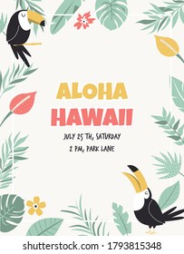 Hawaiian card with toucans, flowers and palm leaves. Invitation template, banner, card, poster, flyer Vector illustration