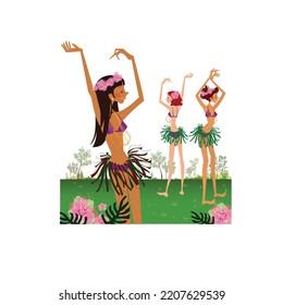 Hawaiian cartoon girls dancing hula vector image