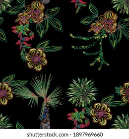 Hawaiian cheerful bright seamless pattern with tropical flowers and leaves with palm on a black background. Textile composition, hand drawn style print