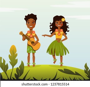 Hawaiian children dancing hula with ukulele