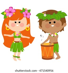 Hawaiian children playing music with a drum and hula dancing. Vector illustration