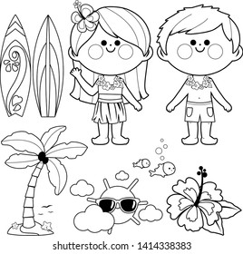 Hawaiian children with swimsuits and other beach summer vacation objects. Vector black and white coloring page 