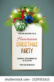 Hawaiian Christmas party invitation with exotic tropical leaves, festive balls, golden confetti. Great for greeting card, Happy New Year party at the beach, flyer, poster. Place for text. Vector ESP10