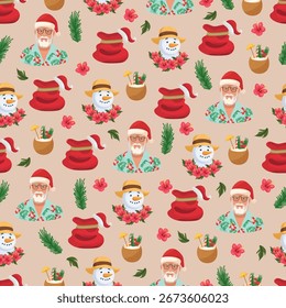 Hawaiian Christmas seamless pattern. Flat vector clipart, illustration with isolated background.