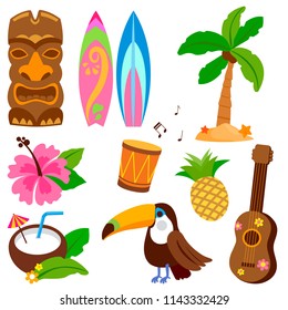 Hawaiian collection of objects with a toucan bird, a tiki mask and other summer vacation objects. Vector illustration.