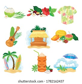 Hawaiian Compositions with Bright Exotic Palm Leaves and Tourist Attribute with Surfboard and Guitar Vector Set