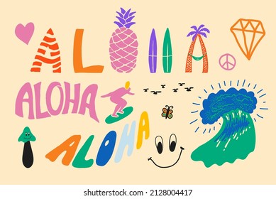 Hawaiian culture traditional symbols vector set. Aloha Hawaii elements collection. Tropical summer objects, hand drawn set with different isolated items