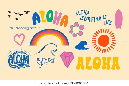 Hawaiian culture traditional symbols vector set. Aloha Hawaii elements collection. Tropical summer objects, hand drawn set with different isolated items