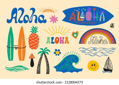 Hawaiian culture traditional symbols vector set. Aloha Hawaii elements collection. Tropical summer objects, hand drawn set with different isolated items