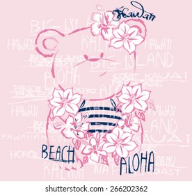 Hawaiian Cute Bear.Vector artwork for baby girl tees