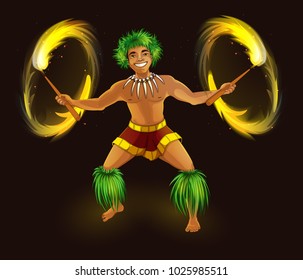 Hawaiian dancer with fiery torches in traditional national dress. Hula Dance and Fire Show. Holidays in the Hawaiian Islands. Vector illustration. Character in the cartoon style.