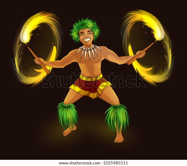 Hawaiian\
dancer with fiery torches in traditional national dress. Hula Dance\
and Fire Show. Holidays in the Hawaiian Islands. Vector\
illustration. Character in the cartoon\
style.