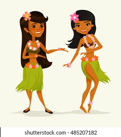 Hawaiian dancer girls friends characters. Vector flat cartoon illustration