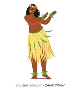 Hawaiian Dancer In Traditional Hula Attire, Performing A Native Dance With Enthusiasm. Featuring A Floral Headdress And Grass Skirt, Exudes Cultural Heritage And Joy. Cartoon Vector Illustration