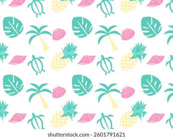 Hawaiian design monstera, pineapple and shells pattern background. 