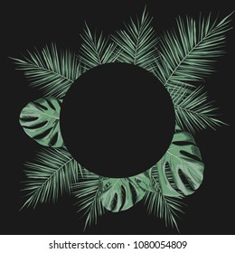 Hawaiian design with tropical palm tree. Tropical flyer. Sale. Tropical flyer. Invitation. Vector illustration. Black background. Circle exotic frame.