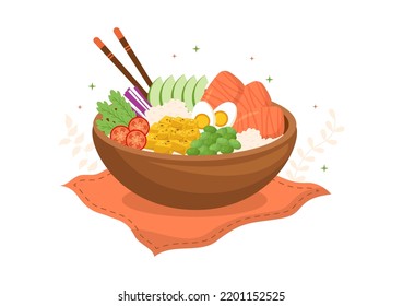 Plantilla de comida del bol de poque hawaiano con mano Dibujar una ilustración plana con arroz, atún, pescado fresco, huevo y verduras