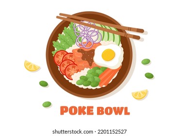 Hawaiian Dish Poke Bowl Food Template Hand Drawn Cartoon Flat Illustration with Rice, Tuna, Fresh Fish, Egg and Vegetables Design