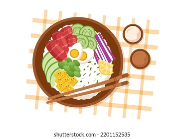 Hawaiian Dish Poke Bowl Food Template Hand Drawn Cartoon Flat Illustration with Rice, Tuna, Fresh Fish, Egg and Vegetables Design