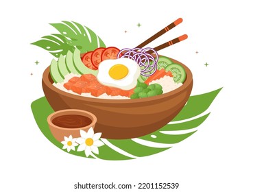 Hawaiian Dish Poke Bowl Food Template Hand Drawn Cartoon Flat Illustration with Rice, Tuna, Fresh Fish, Egg and Vegetables Design