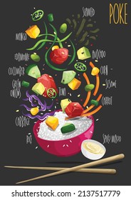 Hawaiian dish poke bowl. Vector illustration