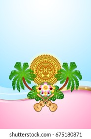 Hawaiian document background in Polynesian style with sun, palm trees, ukuleles and floral decoration.