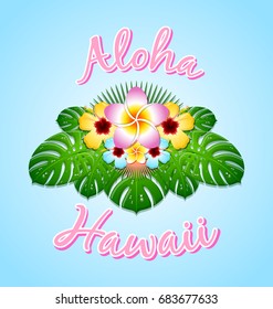 Hawaiian document background in Polynesian style with Aloha Hawaii text and floral decoration on blue background.