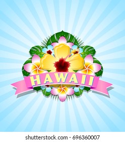 Hawaiian document background in Polynesian style with Hawaii text on ribbon and floral decoration on blue background.