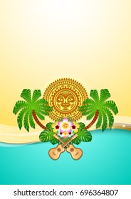 Hawaiian document background in Polynesian style with sun, palm trees, ukuleles and floral decoration.