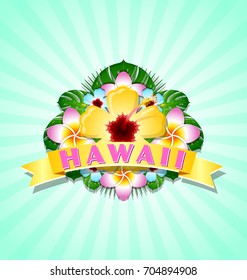 Hawaiian document background in Polynesian style with Hawaii text on ribbon and floral decoration on turquoise background.