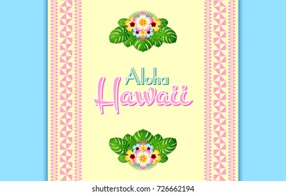 Hawaiian document background in Polynesian style with Aloha Hawaii text, traditional ornaments and floral decorations on blue background.