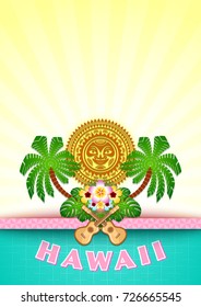 Hawaiian document background in Polynesian style with sun, palm trees, ukuleles and floral decoration.