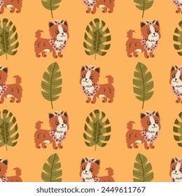 Hawaiianischer Hund und tropische Pflanzen nahtlose Muster. Bunte Haustier Sommer Hintergrund. Netter Yorkshire Terrier Welpe in floraler Lei mit Monstera und Palmenblatt. Vektorillustration