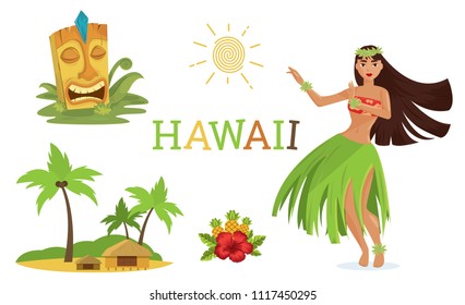 Hawaiian elements set with hula dancer woman, tiki mask, palms, flowers, sun. Vector illustration