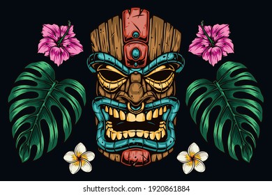 Hawaiian exotic colorful composition with wooden tiki mask tropical flowers and leaves in vintage style isolated vector illustration