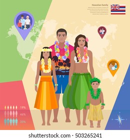 Hawaiian Family In National Dress, Infographics Vector Illustration