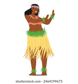 Hawaiian Female Dancer Character With Floral Headband And Green Grass Skirt Performing The Traditional Hula Dance, Showcasing Vibrant Cultural Heritage. Cartoon People Vector Illustration