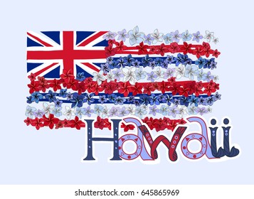 Hawaiian flag made with plumeria flower leis. Blue, red and white blossoms in engraved style with lettering.