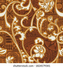 Hawaiian flourish style with tribal fabric patchwork vintage vector seamless pattern