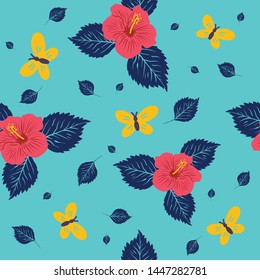Hawaiian flower with butterflies repeat pattern seamless,fabric textile print design,packaging ,background