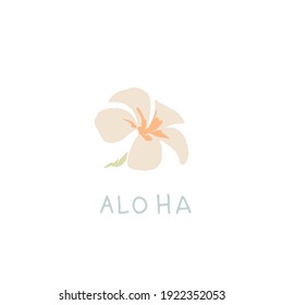 Hawaiian flower hakuwith text ALOHA. Hand drawn flat vector illustration.