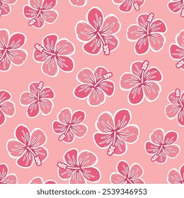 Flor Havaiana, Padrão Havaiano, Flor de Hibisco, Padrão de Flor, Flor Rosa, Padrão Havaiano, Padrão Sem Costura, Ilustração Vetorial