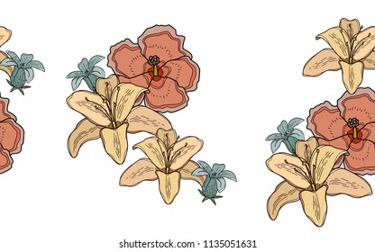 Hawaiian flowers. Big leaves and exotic flowers composition. Vector illustration. Botanical seamless wallpaper. Digital nature art. Cartoon style sketch. White background.