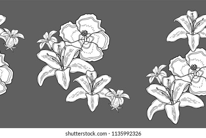 Hawaiian flowers. Big leaves and exotic flowers composition. Vector illustration. Botanical seamless wallpaper. Digital nature art. Cartoon style sketch. Grey background.