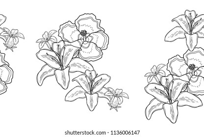 Hawaiian flowers. Big leaves and exotic flowers composition. Vector illustration. Botanical seamless wallpaper. Digital nature art. Cartoon style sketch. White background.