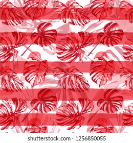 Hawaiian Flowers.  Exotic Palm Greenery Backdrop. Summer Design for Swimwear. Seamless Illustration. Hawaiian Flowers and Leaves.