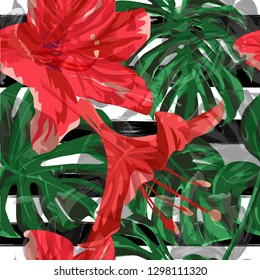 Hawaiian Flowers.  Exotic Palm Greenery Backdrop. Repeatable Illustration. Summer Design for Swimwear. Hawaiian Flowers and Leaves.