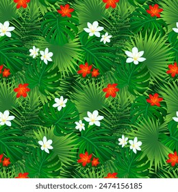 Hawaiianische Blumen wiederholen Hintergrund. In: Tropical Rainforest Vektorillustration. Amazonas florale nahtlose Muster mit exotischen Kokospalmenblättern, Monsterapflanzen. Sommer und Frühling bunter Bildschirmhintergrund.