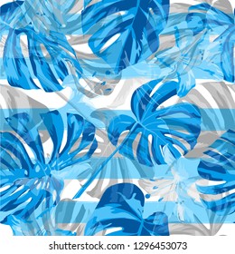 Hawaiian Flowers.  Repeat Illustration. Exotic Palm Greenery Backdrop. Summer Design for Swimwear. Hawaiian Flowers and Leaves.