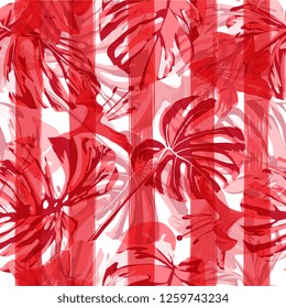 Hawaiian Flowers.  Repeatable Illustration. Exotic Palm Greenery Backdrop. Summer Design for Swimwear. Hawaiian Flowers and Leaves.